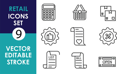 A set of 9 vector retail icons in editable stroke style, including a calculator, shopping basket, parcels, thumbs-up badge, receipt, percentage badge, list, bill, and open sign