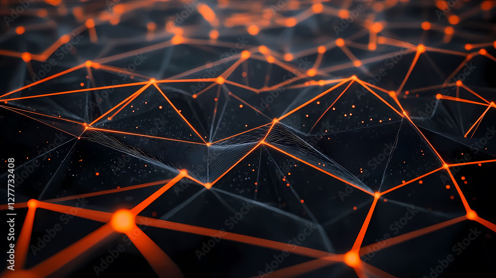 Aufkleber abstract tech art: black and orange triangular grid with glowing nodes
