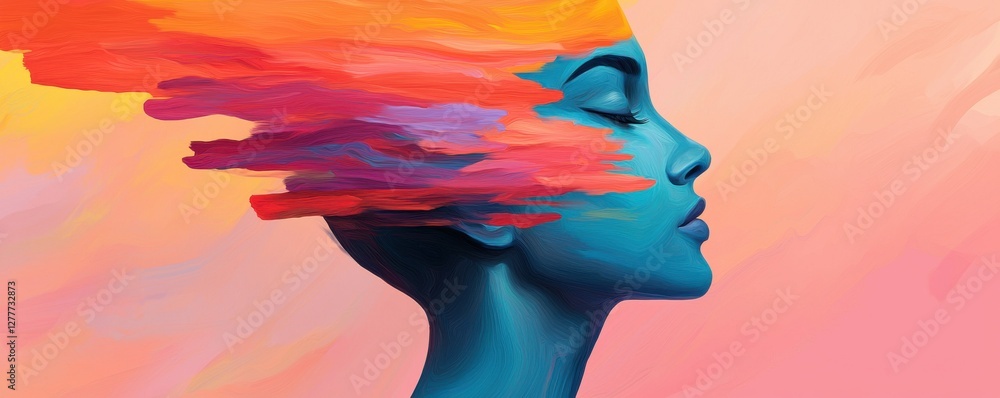 Poster abstract portrait of a woman with colorful paint splashes representing creativity and imagination on