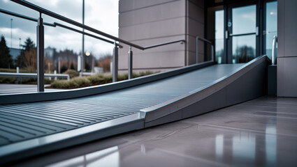Fototapeta premium professionally lit photograph of a modern, sleek, and well-maintained wheelchair access ramp at a building's entrance – Generative AI