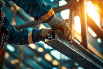 Close-up of a construction workerâ€™s hands tightening a bolt with a wrench on a steel structure, sun shining through the metal beams, industrial site backdrop