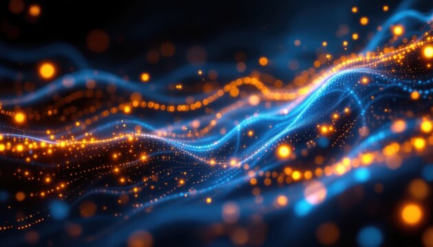 Abstract glowing waves with orange and blue light dots in dynamic motion