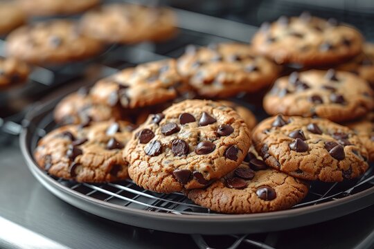 plate of freshly baked chocolate chip cookies cooling on a wire rack