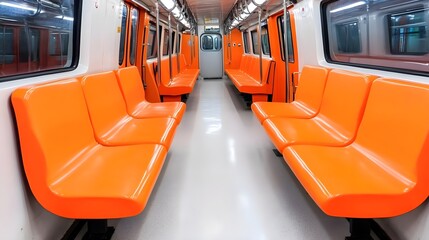 Fototapeta premium Bright Orange Seats in a Modern Subway Train Interior with Clean Lines and Minimalist Design, a Perfect Representation of Urban Transportation Spaces