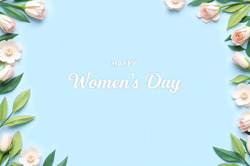 Light blue background women's day card paper flower border text