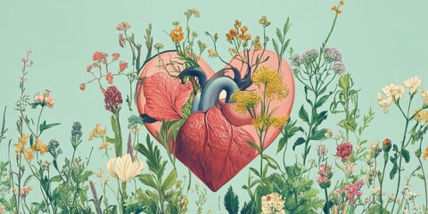 Anatomical heart encircled by flowers against a light teal background