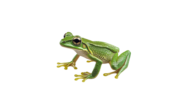Green frog resting on a flat surface indoors