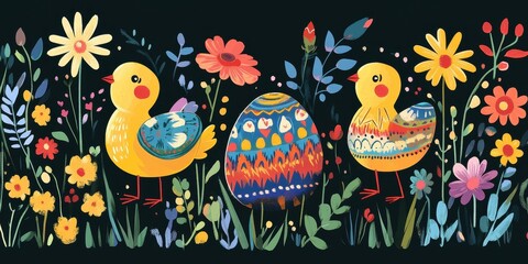 Two chicks and a decorated egg in a flower garden