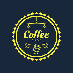 Fototapeta premium Coffee shop logo design with a steaming cup, coffee beans, and leaves in a simple and elegant style