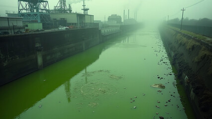 Industrial Factory Dumping Toxic Chemicals into River, Ecological Destruction and Pollution
