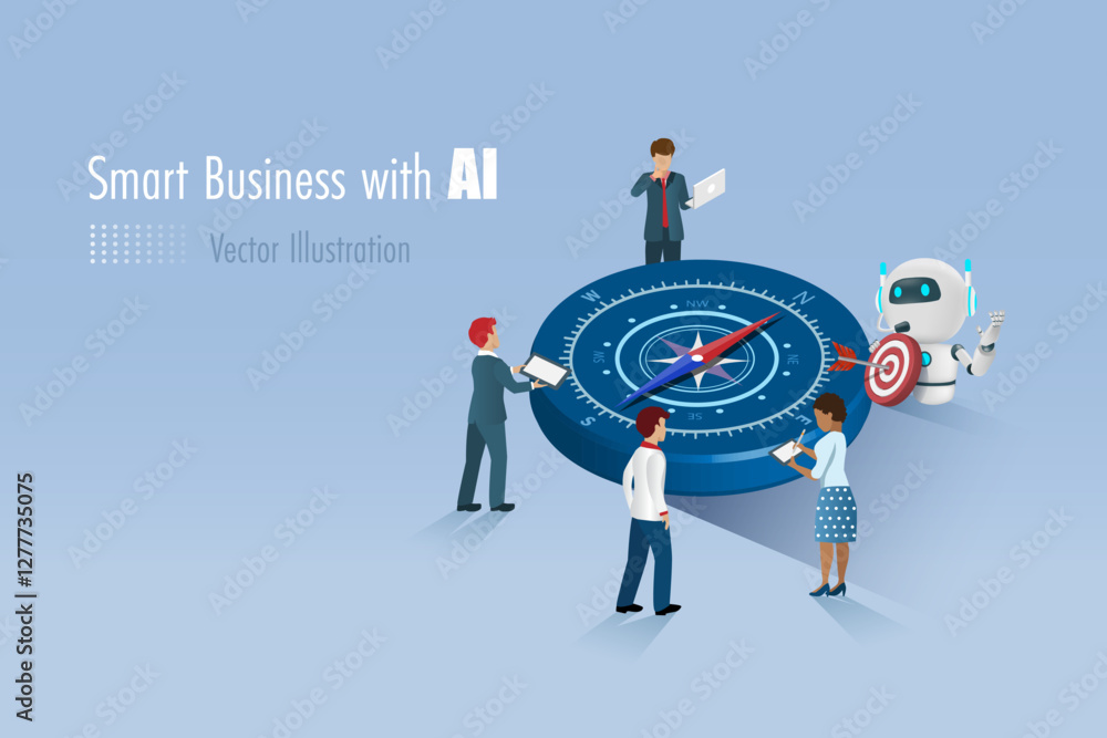 Poster ai artificial intelligence robot holding marketing target on compass with business team. ai technolo