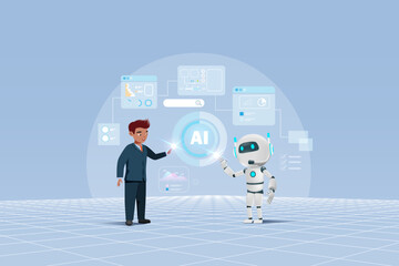 Businessmen interact with AI artificial intelligence robot for business and financial data analyzing. AI innovation technology as smart assistant in business data analysis to develop smart solution