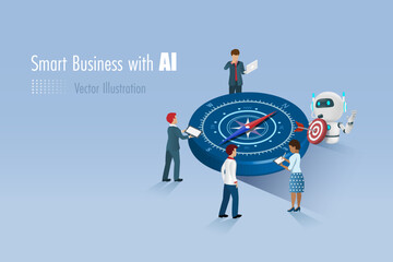 AI artificial intelligence robot holding marketing target on compass with business team. AI technology as smart assistant to develop business vision, direction and strategy. Vector. © Kate3155