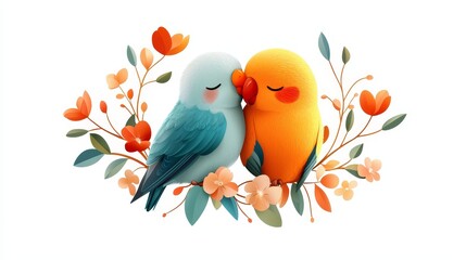 Fototapeta premium Lovebirds cuddling with tiny floral wreaths around them, pastel colors, hand-drawn style, cut-out effect, white background