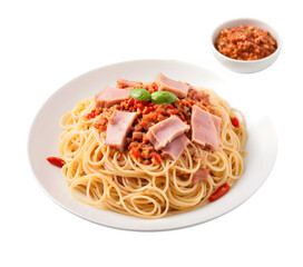 Spaghetti topped with ham and a kick of chili, set against a white backdrop. PNG