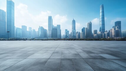 Obraz premium Modern skyline view of a vibrant urban landscape under a clear blue sky during early morning hours