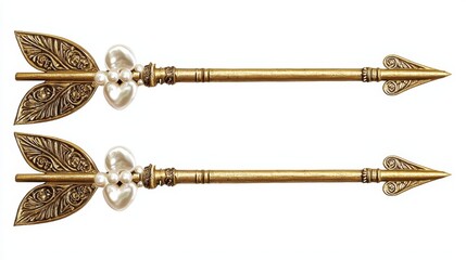 Luxury-themed bow and arrow set with metallic gold bow, pearl-decorated arrows, and intricate heart engravings, isolated on white