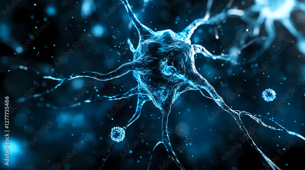 Poster 3d render of a neuron cell with branching structures