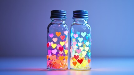 Mini Valentine's message bottles filled with colorful neon hearts, glowing softly against a clean white background, ideal for gift displays