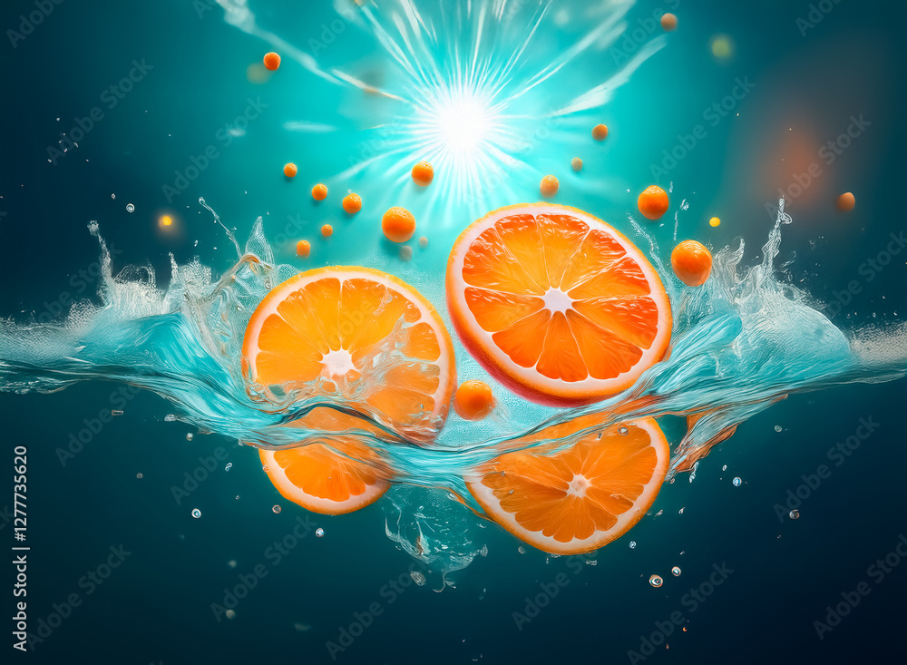 Poster bright orange slices dynamically splash in clear water under a burst of light, creating a refreshing