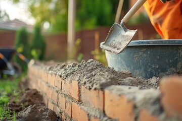 Construction crew building a brick wall for a garden, focus on trowel spreading mortar between bricks, wheelbarrow and tools visible, suburban backyard setting