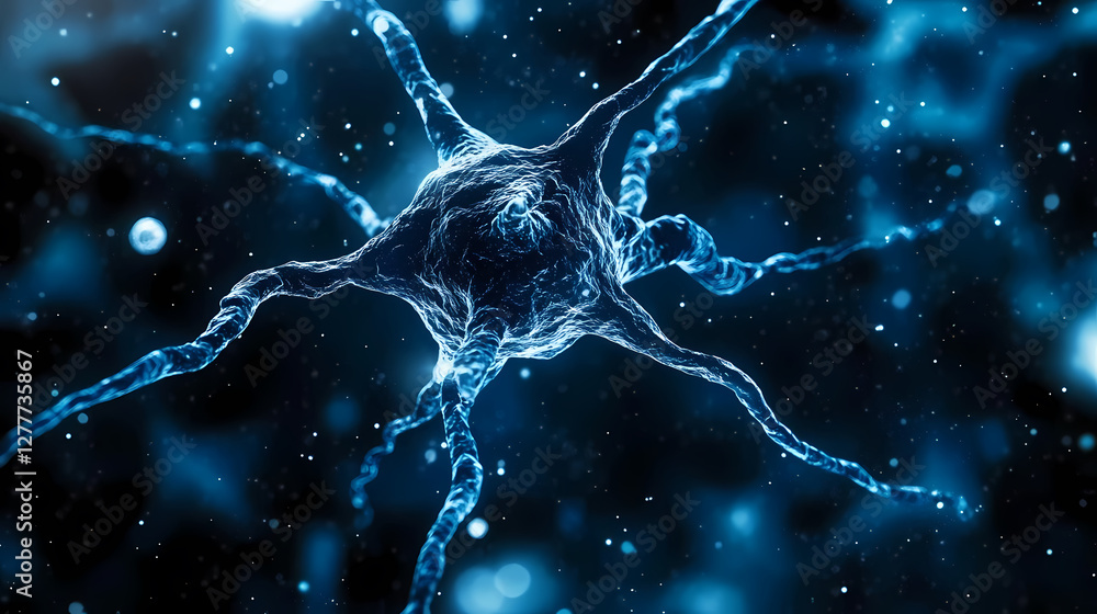 Poster mysterious 3d neuron rendering in blue tones