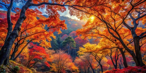 Autumnal Canopy A Sunlit Vista of Vibrant Fall Foliage Through Arching Branches