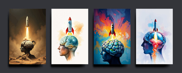 Set of The human brain and head has a rocket coming out of the earth. Business start up ideas. vector painting Illustration.