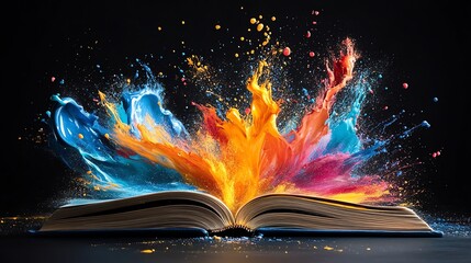 Obraz premium Vibrant, colorful paint splashes exploding from an open book against a dramatic black background, expressive and dynamic design, ultrarealistic, 8K UHD