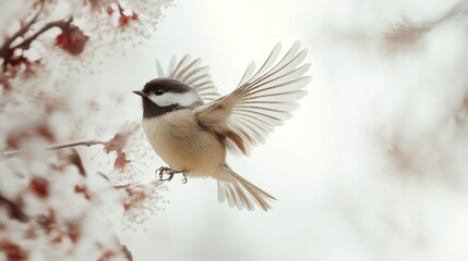 Obraz premium Bird taking flight near snowy branches. Nature photography for websites or calendars