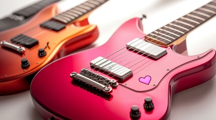 Fototapeta premium Modern electric guitars with metallic red and pink finishes, glowing heart stickers, isolated white background
