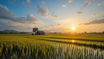 Serene sunrise over lush green rice fields with mountainous horizon