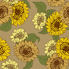 Seamless pattern of sunflower with combination of brown color