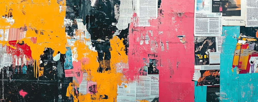 Poster grunge background of vibrant newspaper and magazine clippings layered with bold graffiti, creating a