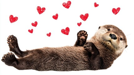 Otter laying on its back, floating hearts around it, cut out and isolated on a pure white background for a Valentine's sticker set