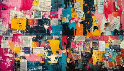 Dynamic grunge background with vibrant newspaper and magazine clippings, layered graffiti creating a textured and energetic urban artwork, full of visual intrigue, 8K UHD