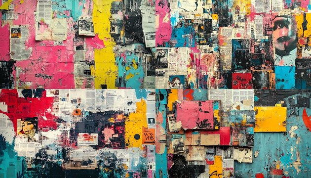 Energetic urban grunge background with vibrant magazine and newspaper clippings, layered with graffiti, creating a textured and dynamic art piece, high detail, 8K UHD