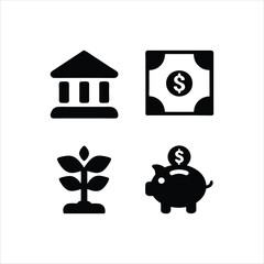 Financial icons representing banking, investment growth, charts, and savings