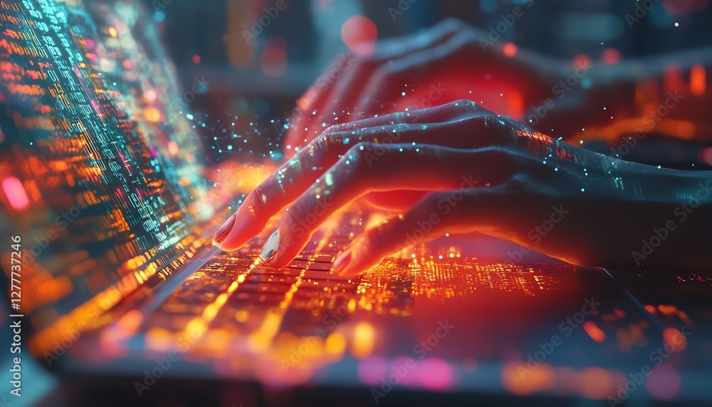 Poster woman s hands typing on a sleek laptop, metaverse hologram intertwining with a complex digital netwo