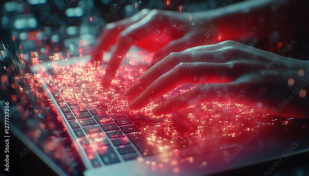 Aufkleber woman s hands typing on a sleek laptop, metaverse hologram intertwining with a complex digital netwo
