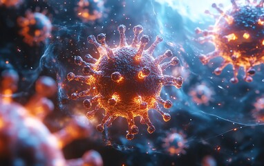 Fototapeta premium Visualization of HMPV virus spreading across cells, microscopic closeup with virus particles multiplying, dynamic motion, highdetail, 8K UHD