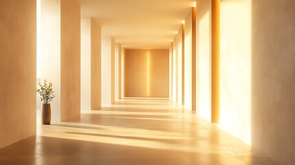 Obraz premium Modern corridor with geometric light and shadow, a matte wall panel, and warm illumination. Photorealistic, elegant, and minimalist design for creative projects.