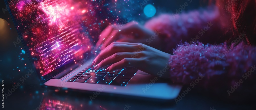 Leinwandbilder a woman s hands typing on a sleek laptop, metaverse hologram forming behind, complex digital network
