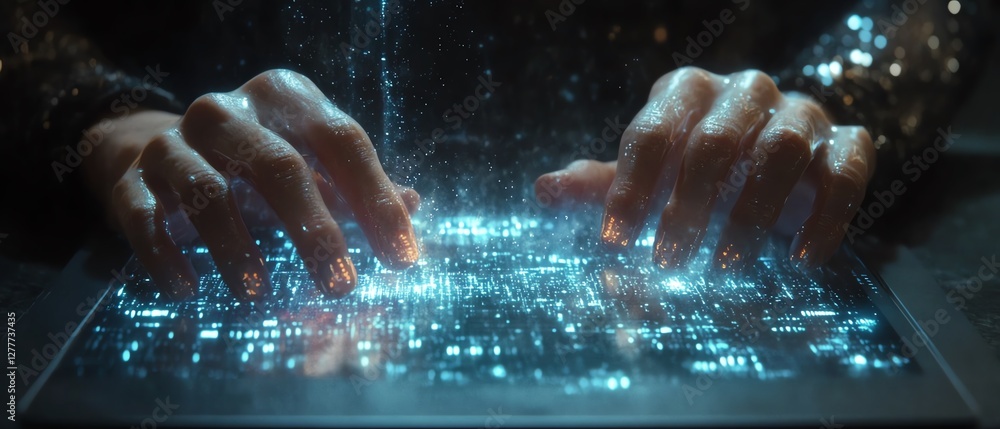 Leinwandbilder a woman s hands typing on a sleek laptop, metaverse hologram forming behind, complex digital network