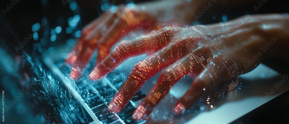 Leinwandbilder a woman s hands typing on a sleek laptop, metaverse hologram forming behind, complex digital network
