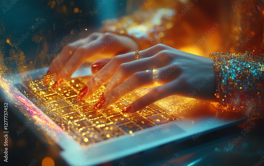 Poster a womans hands typing swiftly on a sleek laptop