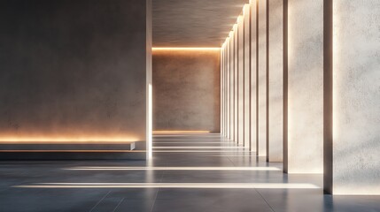Obraz premium Modern corridor with geometric light and shadow, a matte wall panel, and warm illumination. Photorealistic, elegant, and minimalist design for creative projects.