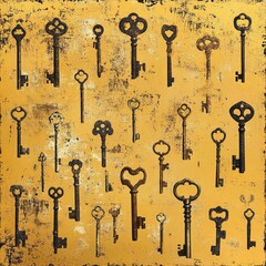 Assortment of antique keys displayed on a golden background