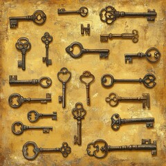 Fototapeta premium Antique keys of various shapes and sizes on gold background