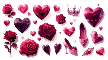 Set of assorted fairytale and Valentine's day-themed cutouts featuring glowing neon hearts, enchanted roses, and magic wands, isolated on a white background